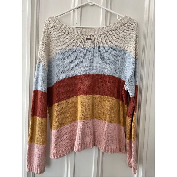 Billabong cream, light blue, brick mustard and pink striped sweater S - Picture 2 of 4